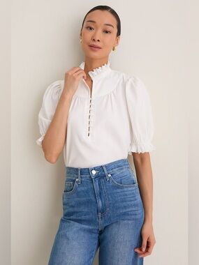Tuckernuck Pomander Place White Selena Ruffled High-Neck Puff Sleeve Blouse L